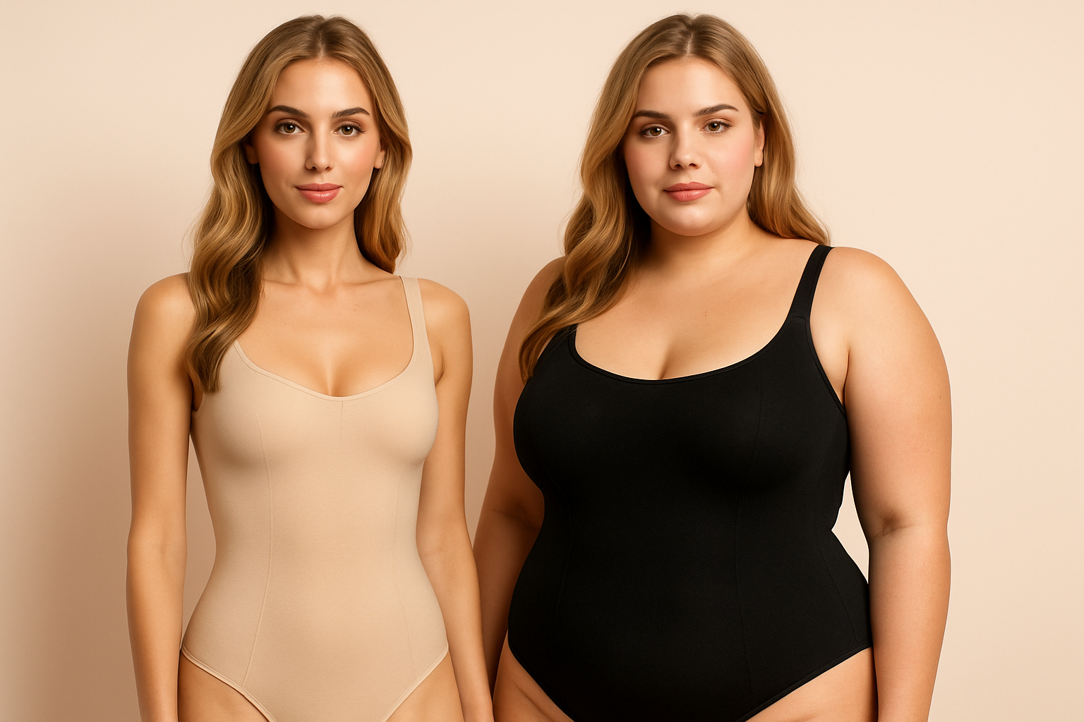 a magra usando cinta bege, e a gorda cinta preta